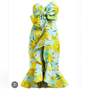 Strapless Floral Bow Midi Dress in Blue and Yellow